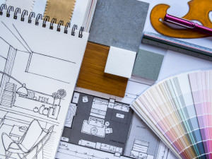 Remodeling plans with color swatches.